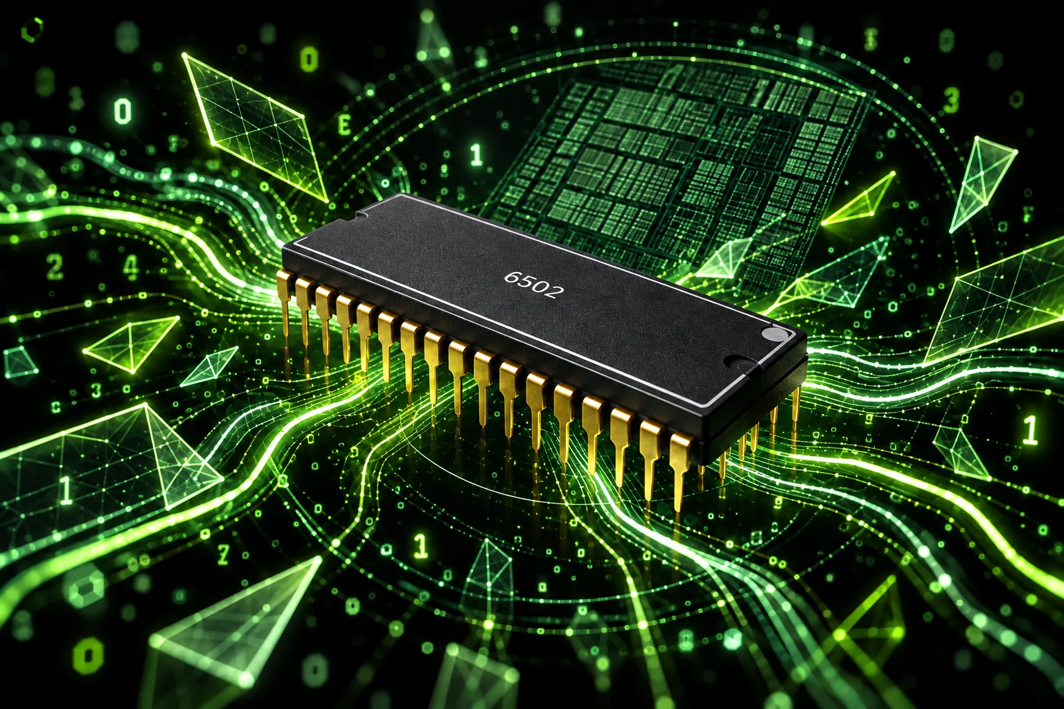 An illustration of the 6502 chip, not a photograph: a black 40-pin package marked 6502 with gold pins, hovering in a dark field of glowing green circuit traces, translucent geometric shards and drifting binary digits