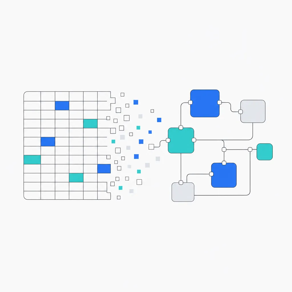 A spreadsheet grid resolving into a set of tidy connected system blocks, left to right