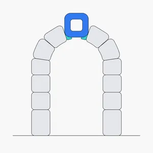An arch of light blocks held up by one blue chain link seated as its keystone
