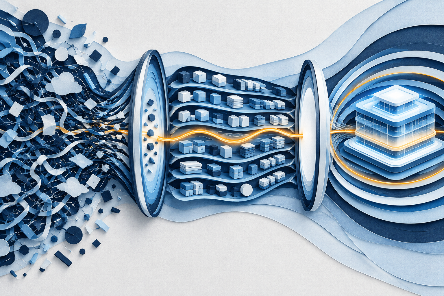 Abstract illustration in layered paper-cut style: a tangle of loose threads and shapes on the left passes through a lens, then through parallel lanes of small modular forms guided by one amber line, then a review gate, and ends as a finished glowing structure ringed by calm concentric curves