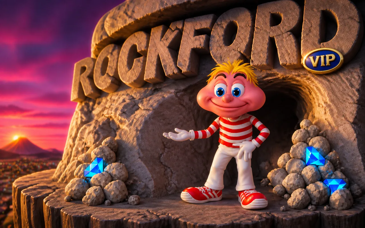The welcome screen of the enhanced presentation: a cartoon miner at the mouth of a cave, the word ROCKFORD carved into the rock above him